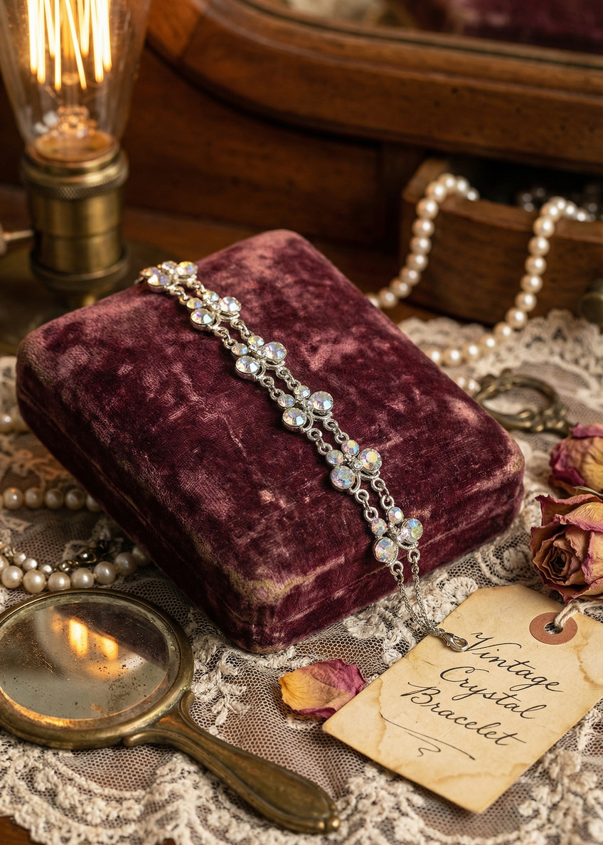 Silberfarbenes Armband mit Kristallsteinen auf bordeauxfarbenem Samtkissen, dekorativ inszeniert.