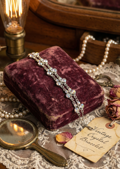 Silberfarbenes Armband mit Kristallsteinen auf bordeauxfarbenem Samtkissen, dekorativ inszeniert.