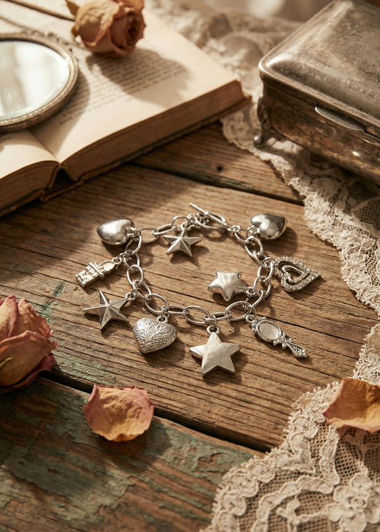 Vintage Bettelarmband in Antik-Silber mit Stern-, Herz- und Spiegelanhängern auf rustikalem Holztisch mit Spitze und getrockneten Rosen.