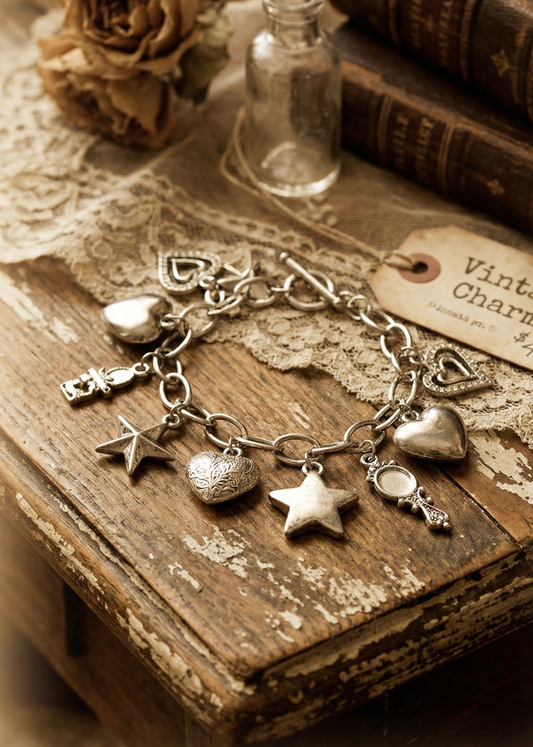 Antik wirkendes Bettelarmband mit Sternen und Herzen auf Holzuntergrund neben Vintage-Dekoration und Spitze.