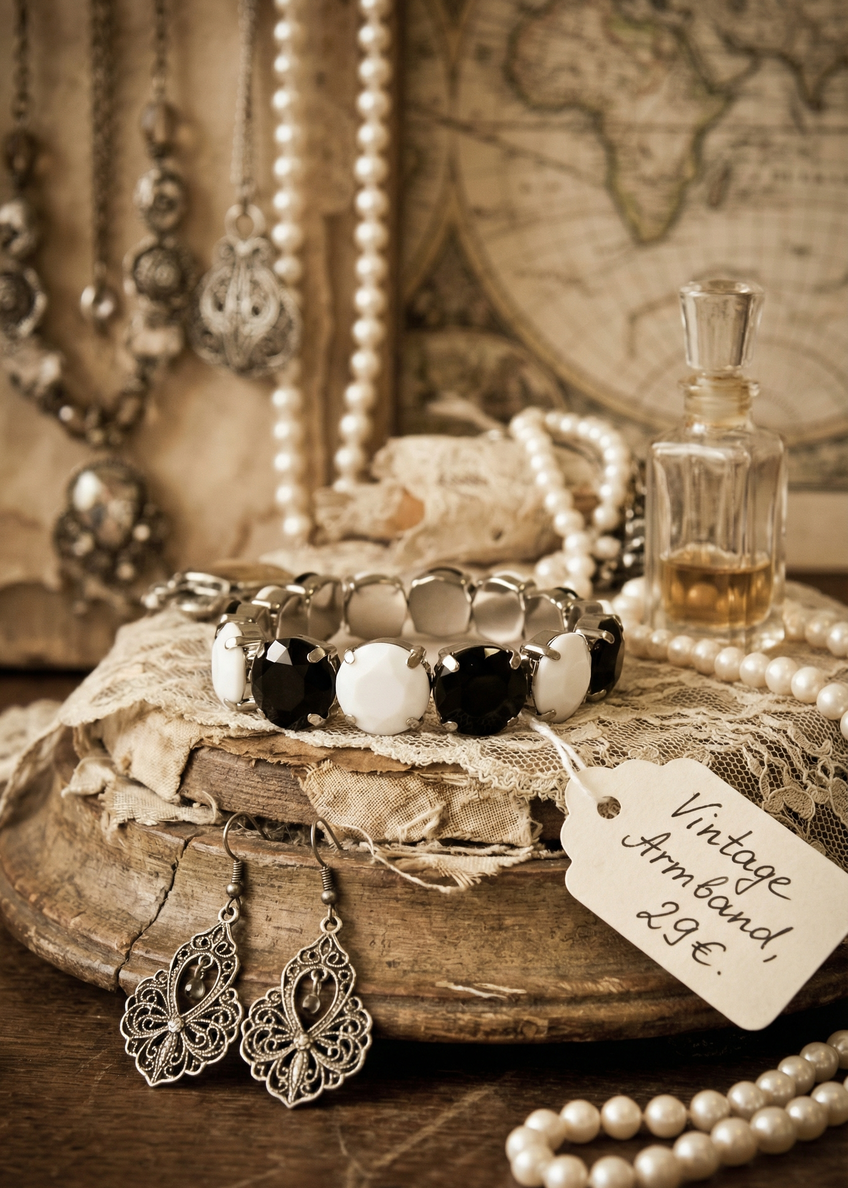 Schwarz-weißes Vintage Armband auf Holzoberfläche mit Spitzenstoff