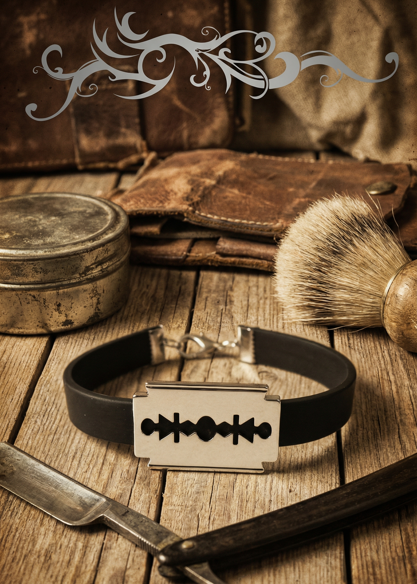 Schwarzes Armband mit Rasierklingen-Element aus Metall auf rustikalem Holztisch neben Rasiermesser und Rasierpinsel.