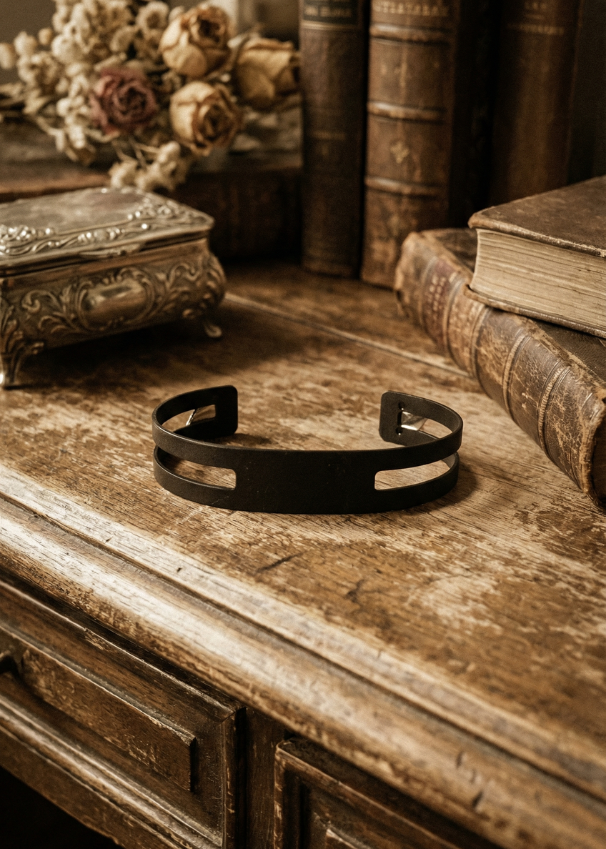 Schwarze offene Armspange aus Metall auf Holzuntergrund mit Büchern und Spitzendekor im Hintergrund.
