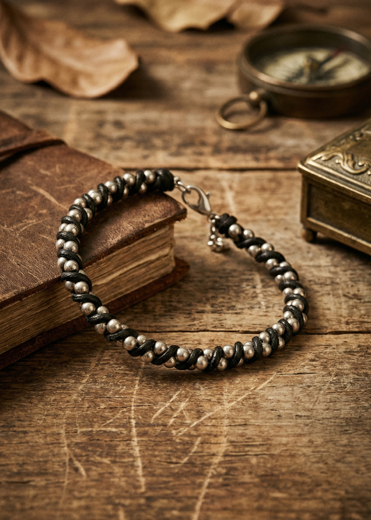 Black Silver Pearl Armband mit schwarzen Wicklungen und silbernen Perlen auf einem alten Buch arrangiert.