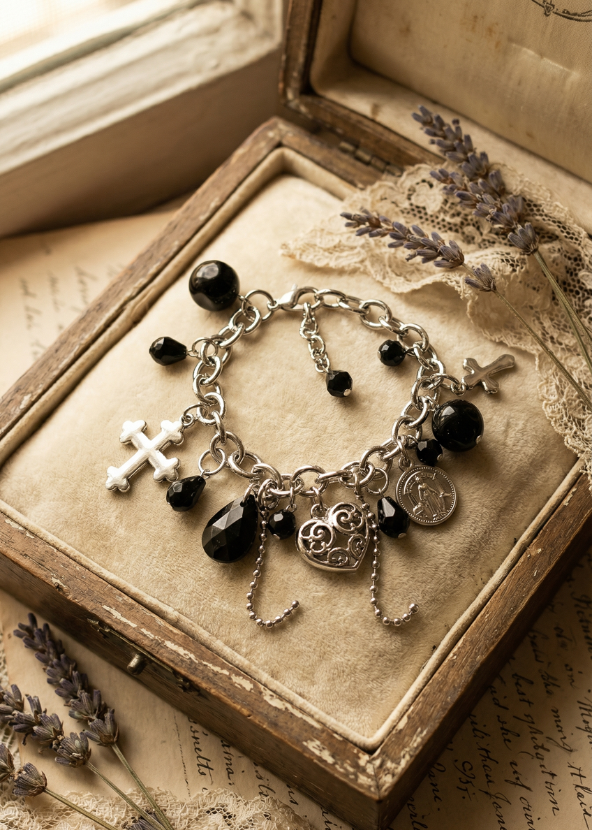 Gothic Armkettchen mit schwarzen Perlen, Kreuzen und Anhängern auf heller Schmuckschatulle.