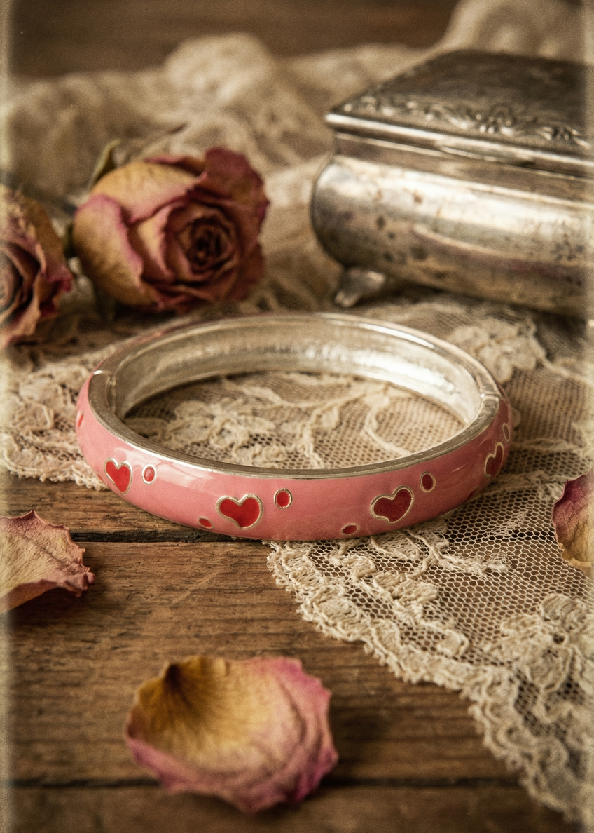 Rosa Armspange mit Herzmotiven auf Holztisch mit Spitze und getrockneten Rosen.