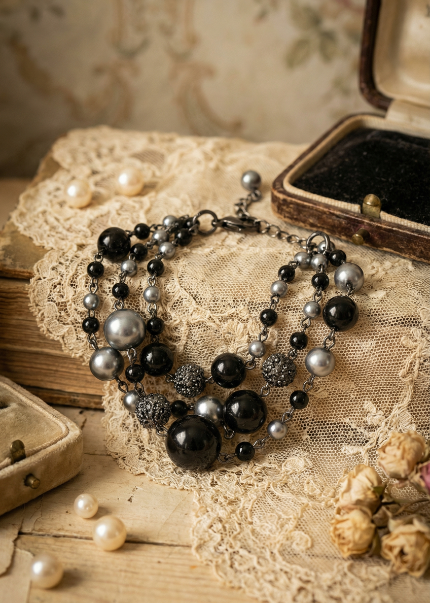 Mehrreihiges Armkettchen mit schwarzen und silberfarbenen Perlen auf Spitzenstoff im Vintage-Stil.