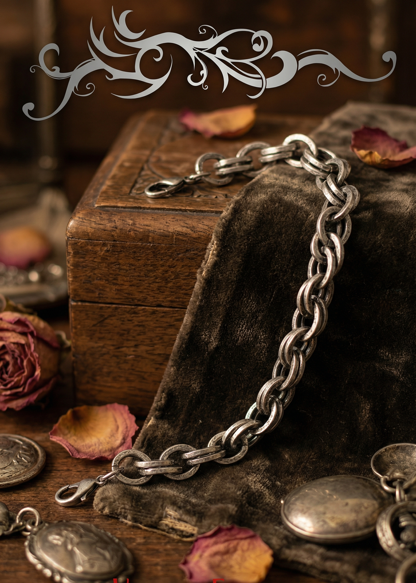 Gothic Armkette aus groben silberfarbenen Kettengliedern auf dunklem Stoff arrangiert