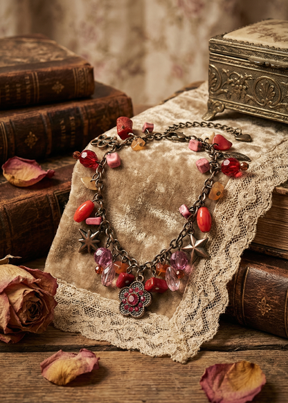 Bettelarmband im Antik-Design mit bunten Perlen und Anhängern auf Stoff drapiert