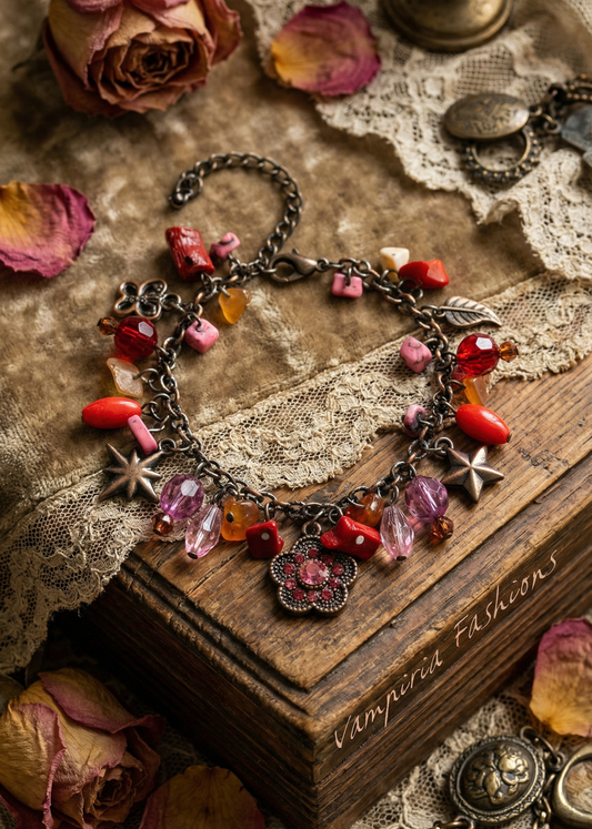 Antik wirkendes Bettelarmband mit roten und rosa Perlen auf Vintage-Holzbox