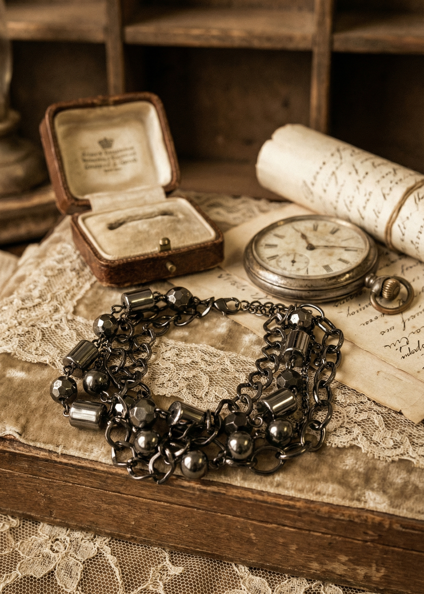 Dunkle Armkette mit schwarzen Perlen und Metallketten neben Taschenuhr und Schmuckbox.