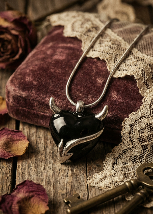 Schwarzer Herzanhänger im Teufelchen-Stil an Silberkette auf Stoff mit Spitze und Vintage-Dekoration.