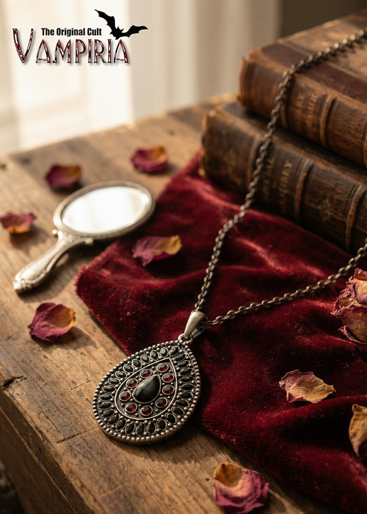 Gothic Halskette mit ornamentiertem Anhänger auf rotem Samtstoff mit Rosenblättern