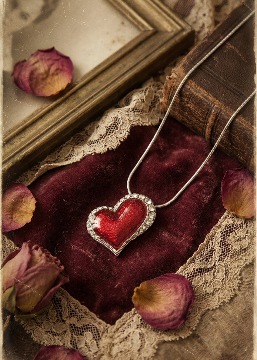 Vintage Herzkette mit rotem Herzanhänger auf rotem Samtstoff mit Rosenblättern