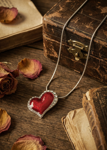 Silberfarbene Kette mit rotem Herzanhänger auf Holztisch neben alten Büchern und Rosen