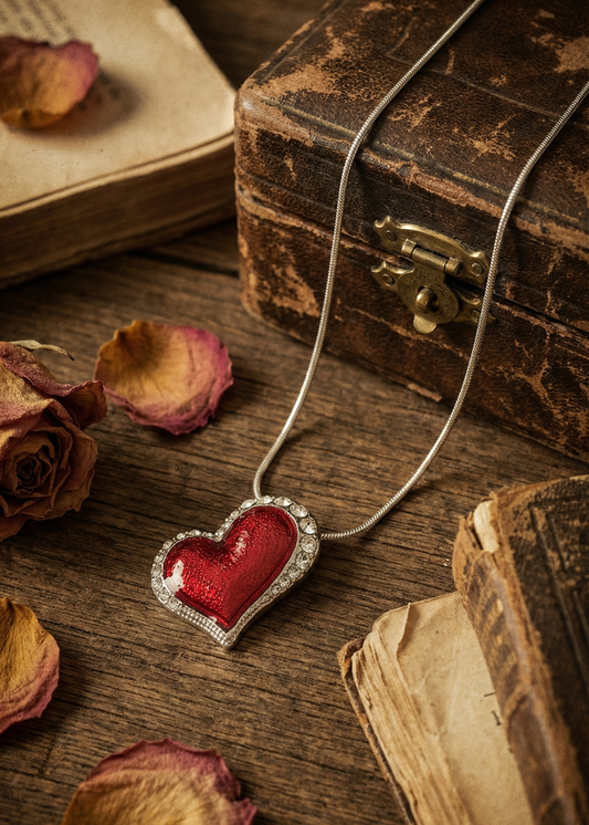 Silberfarbene Kette mit rotem Herzanhänger auf Holztisch neben alten Büchern und Rosen