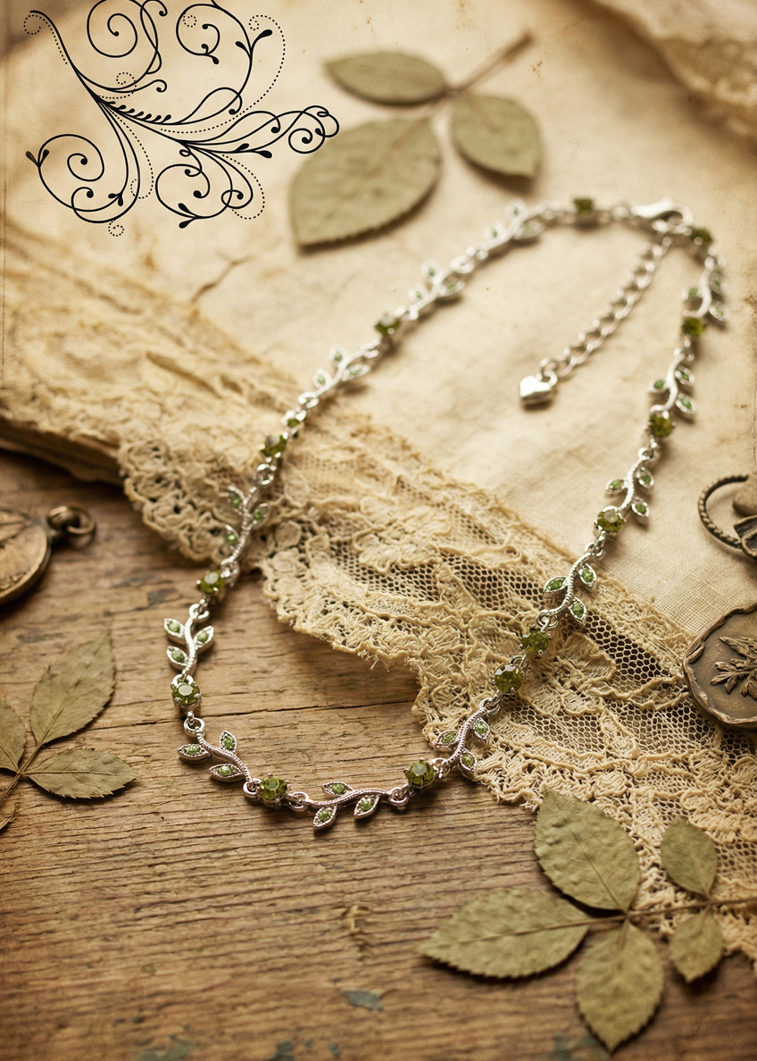 Silberfarbenes Blatt-Collier mit grünen Kristallen auf Holzuntergrund mit Spitze und getrockneten Blättern dekoriert.