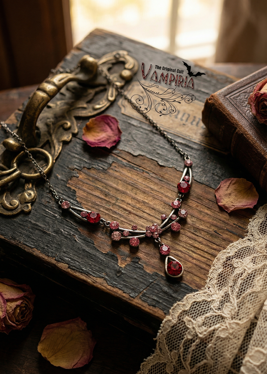ampiria Gothic Collier mit pink-roten Kristallen auf rustikalem Holztisch mit Spitze und Rosenblättern.