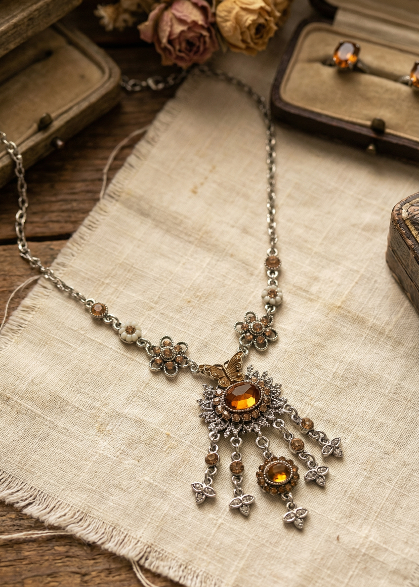 Barockes Collier mit bernsteinfarbenem Mittelstein und filigranen Anhängern auf hellem Stoff