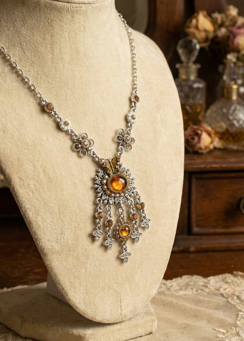 Vintage Barock Collier auf Schmuckbüste mit floralem Design und warmen bernsteinfarbenen Steinen