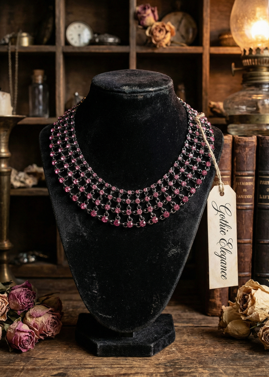 Gothic Collier mit pinken Strasssteinen auf schwarzer Schmuckbüste vor Bücherregal.