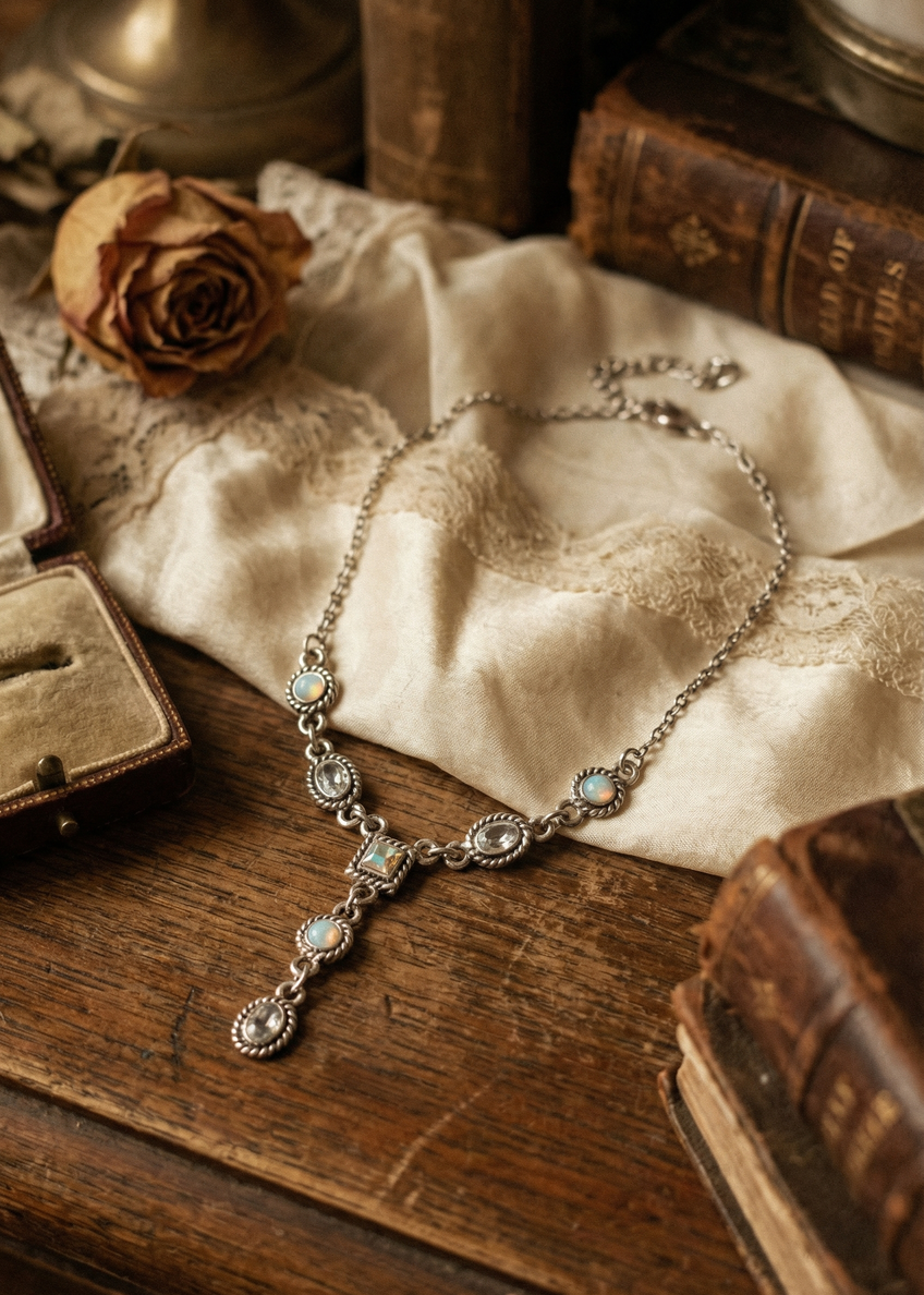 Vintage Collier mit Rainbow-Kristallen in Y-Form auf Holzuntergrund mit Rosen und Büchern