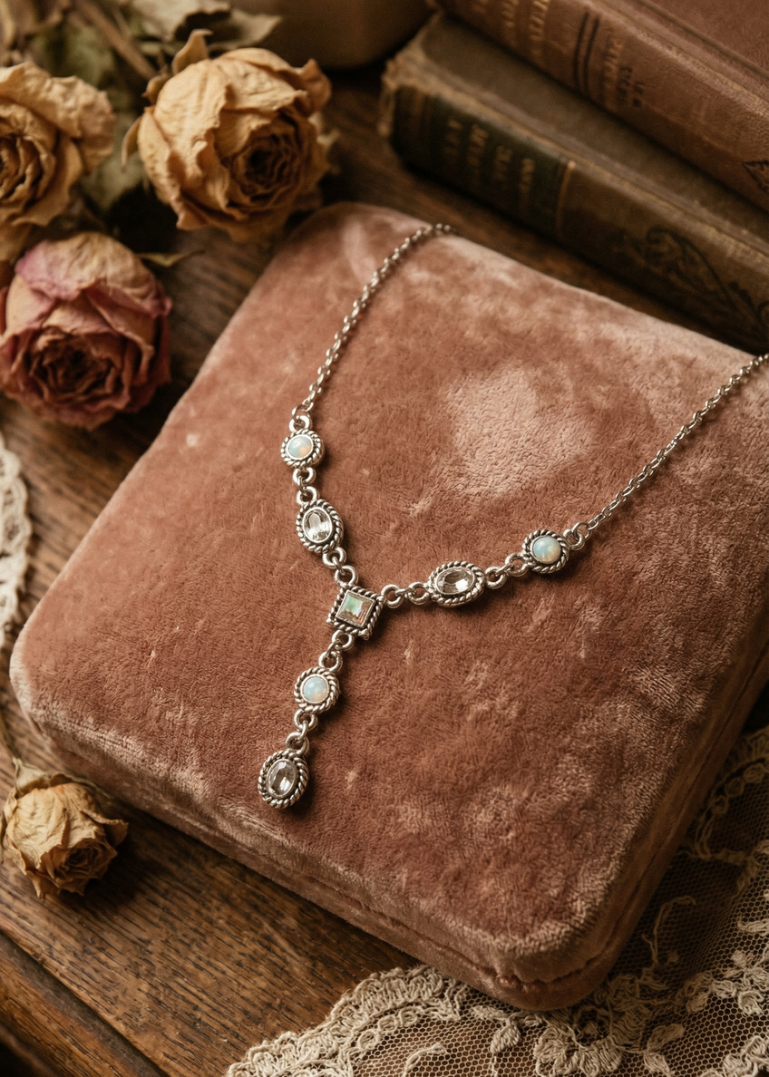 Filigranes Rainbow Crystal Collier mit hängendem Mittelteil auf samtigem Kissen arrangiert