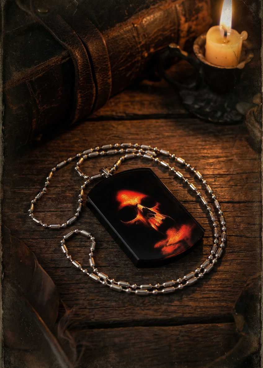 Halskette mit rechteckigem 3D-Totenkopf-Amulett auf Holztisch mit Kerze.