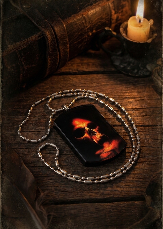 Halskette mit rechteckigem 3D-Totenkopf-Amulett auf Holztisch mit Kerze.
