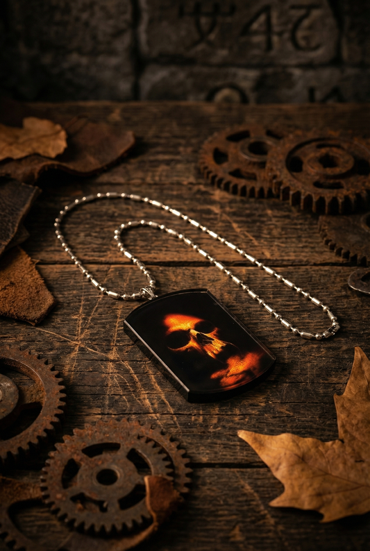 Totenkopf-Amulett an silberfarbener Kugelkette zwischen Zahnrädern auf dunklem Holz.