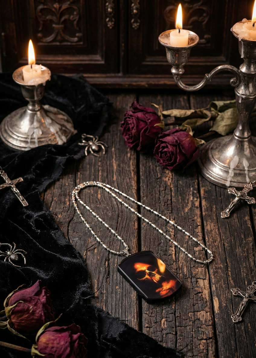 Skull-Amulett Halskette auf Tisch mit Kerzen, Rosen und dunkler Dekoration.