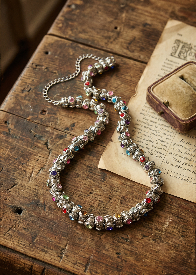 Vintage Collier mit vielen bunten Schmucksteinen liegt auf einem Holztisch neben Papier und Schmuckschatulle.