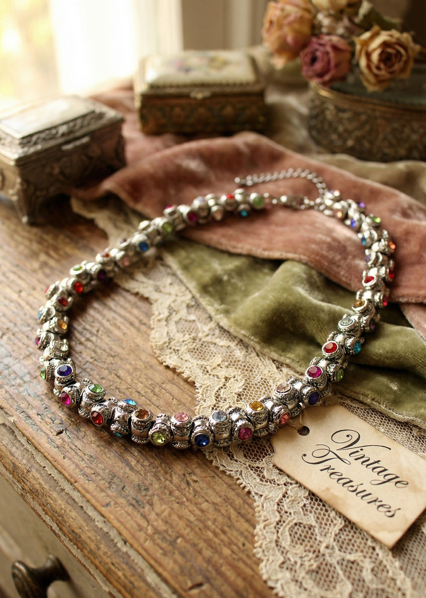 Vintage Collier mit bunten Steinen liegt auf Stoff mit Spitze und Dekoration im Hintergrund.