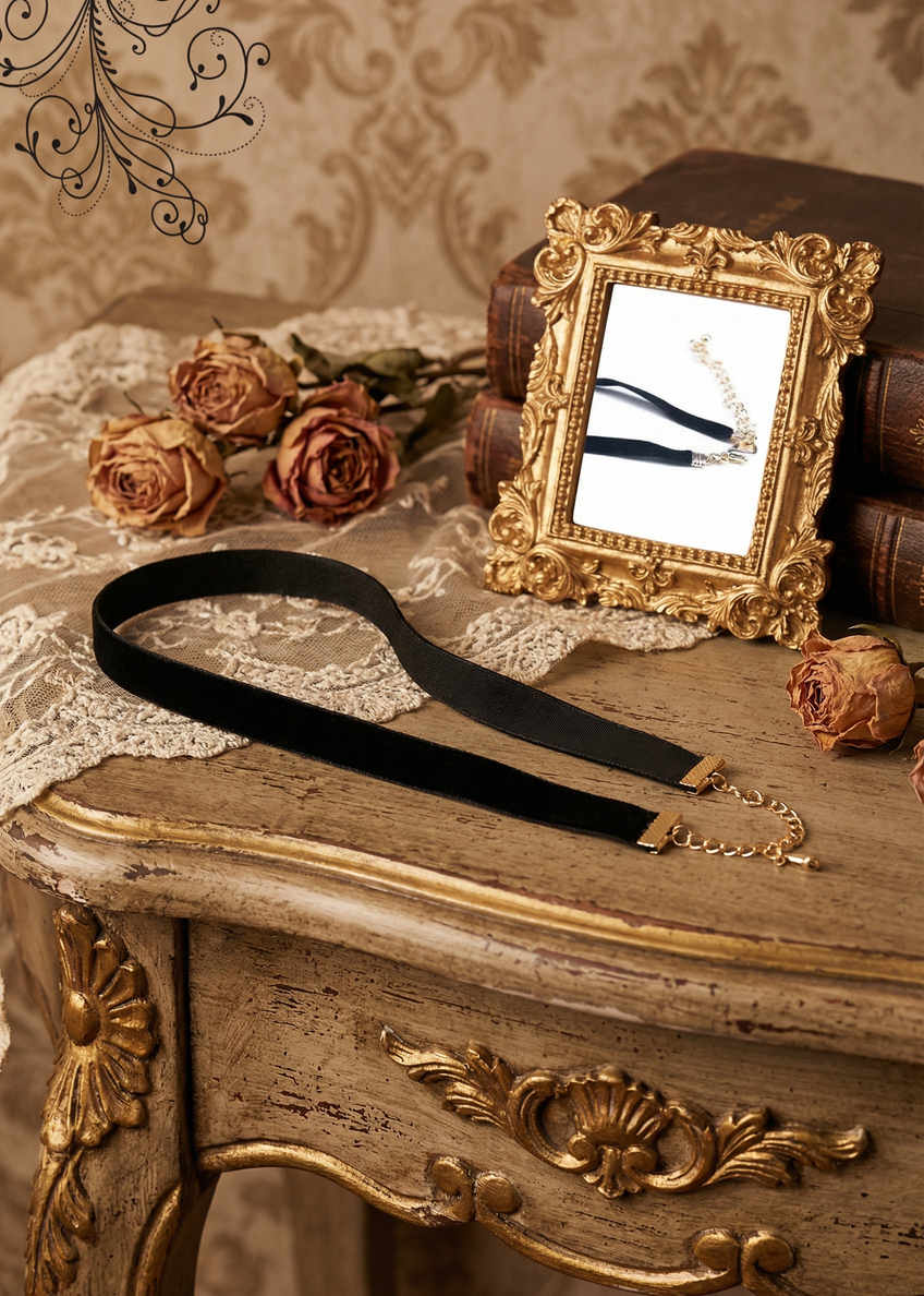 Schmales schwarzes Samt-Halsband mit verstellbarer Kette auf hellem Stoff und Holzoberfläche im Vintage-Stil.