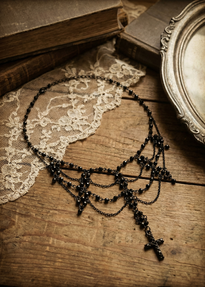 Schwarzer Gothic Choker mit Kreuzanhänger und filigranen Kettenbögen auf Holztisch neben Spitze und alten Büchern.