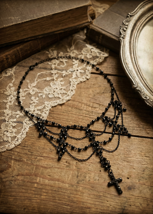 Schwarzer Gothic Choker mit Kreuzanhänger und filigranen Kettenbögen auf Holztisch neben Spitze und alten Büchern.