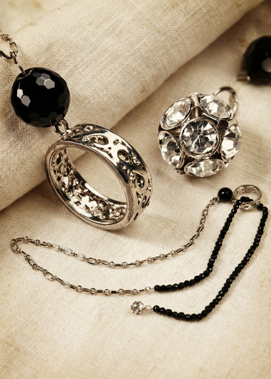 Detailaufnahme einer Halskette mit schwarzer facettierter Perle, filigranem silberfarbenem Ringanhänger, Strasskugel sowie silberfarbiger Gliederkette und schwarzen Perlensträngen auf hellem Stoff.