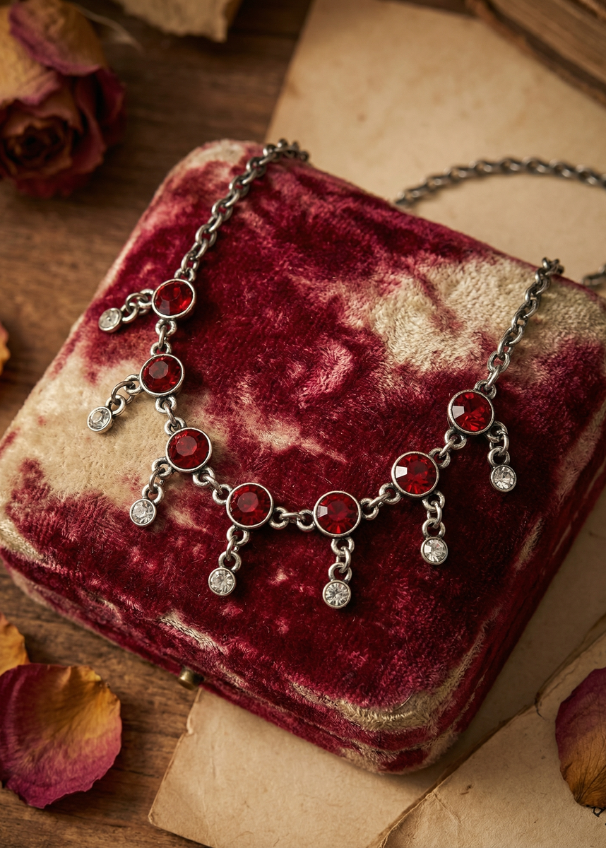 Rotes Collier mit roten und klaren Steinen auf gemustertem rot-beigem Samtkissen, daneben getrocknete Rosenblätter.