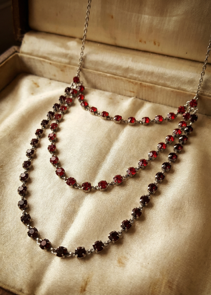 Mehrreihiges Collier mit roten, dunkelroten und schwarzen Strasssteinen auf hellem Stoff in einer Schmuckschatulle.