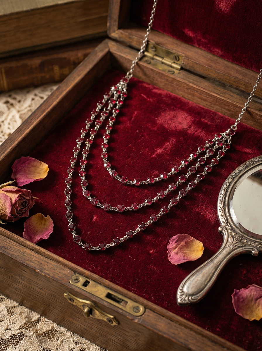 Mehrreihiges Strass-Collier mit roten, dunkelroten und schwarzen Steinen in einer geöffneten Holzschatulle mit rotem Samt.