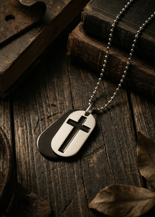 Detailaufnahme einer Kugelkette mit zweilagigem Anhänger, schwarze untere Plakette und silberfarbene obere Plakette mit ausgestanztem Kreuz, auf dunklem Holz neben alten Büchern.