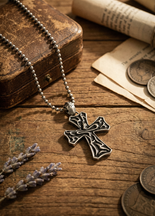 Ornamentiertes Kreuz an Kugelkette auf Holztisch neben alten Münzen und Lavendelzweigen