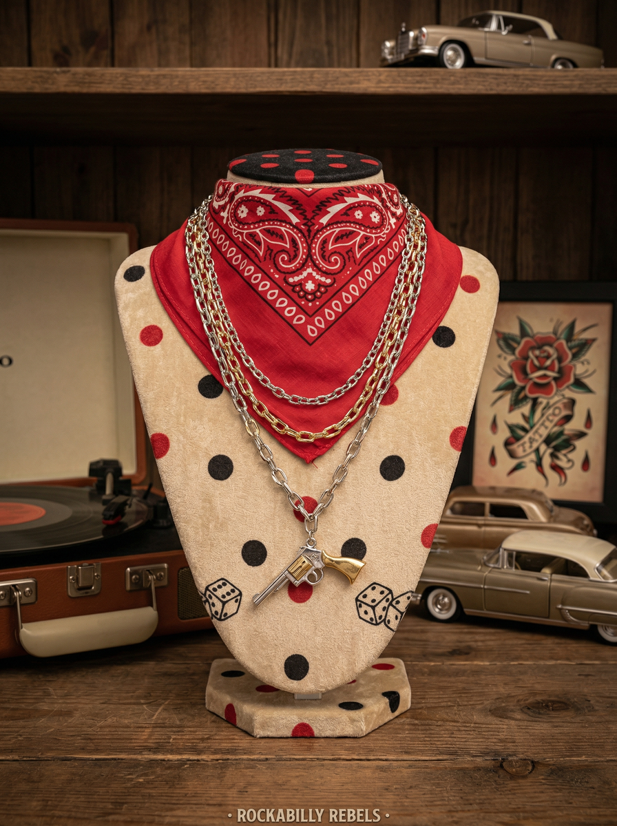 Mehrlagige Rockabilly-Kette mit Revolver-Anhänger auf Schmuckbüste mit rotem Bandana vor Retro-Dekoration.