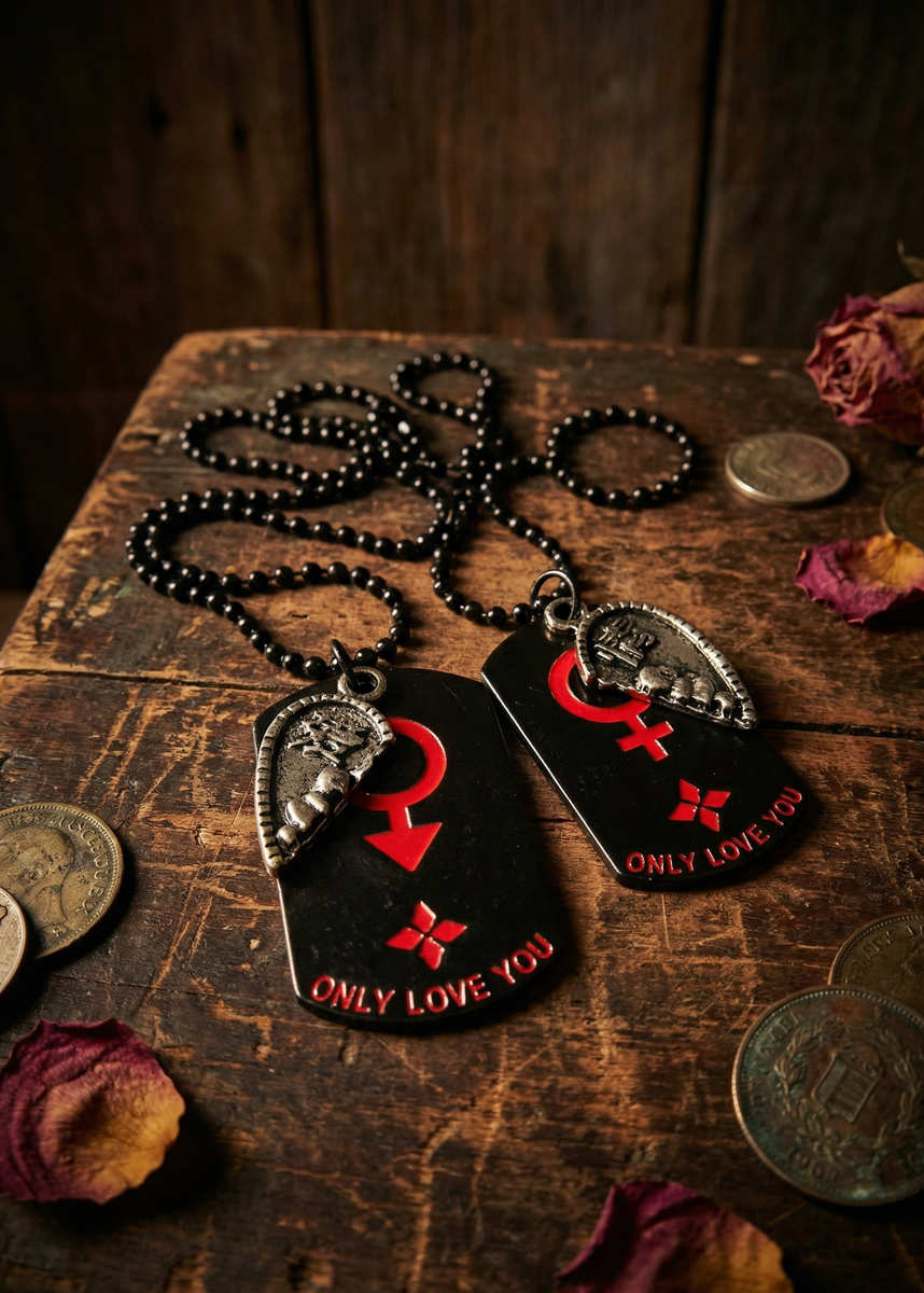 Zwei schwarze Partnerketten mit Kugelketten und Dogtag-Anhängern auf Holztisch, rote Symbole und Schriftzug „ONLY LOVE YOU“, daneben Münzen und Rosenblätter.
