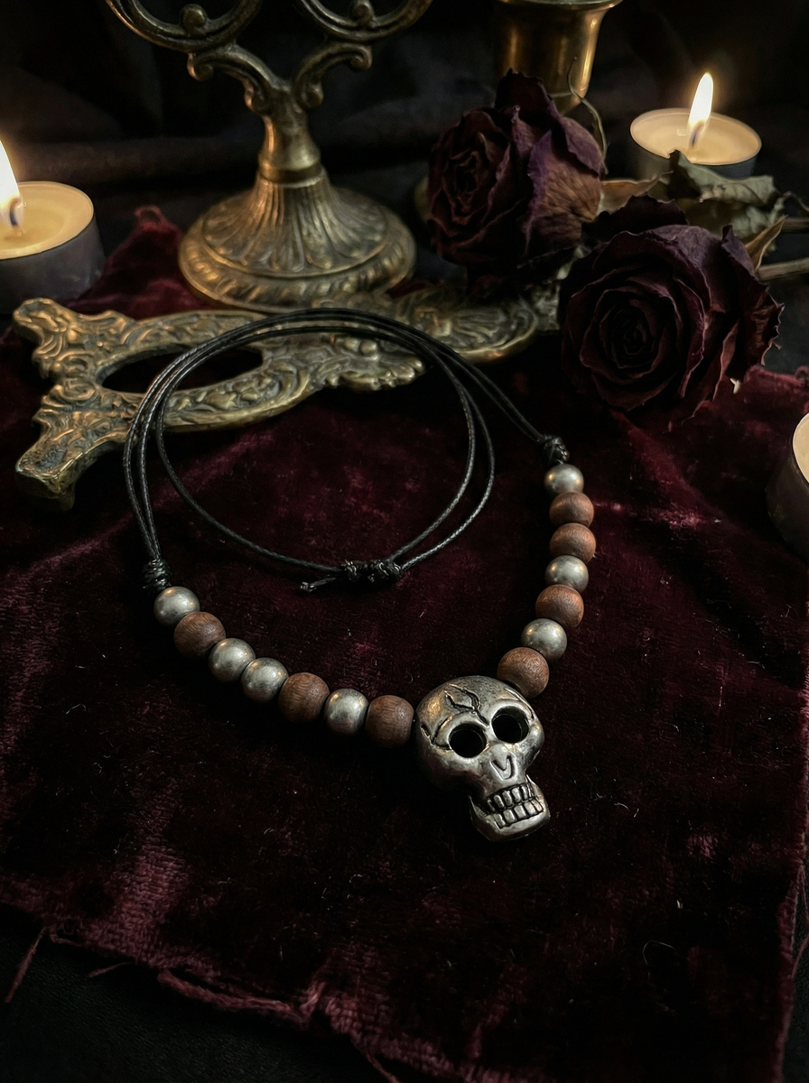 Halskette mit Totenkopf-Anhänger, Holzperlen und Metallperlen auf dunkelrotem Samtstoff neben Kerzen, Rosen und dekorativen Metallobjekten.