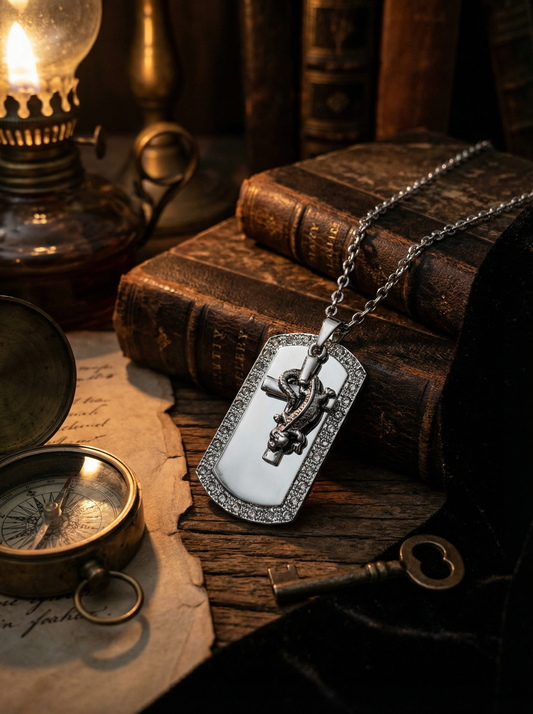 Rechteckige Halskette mit Drachen-Amulett in Silberoptik auf alten Büchern neben Öllampe, Kompass, Papier und Schlüssel in dunkler Vintage-Dekoration.