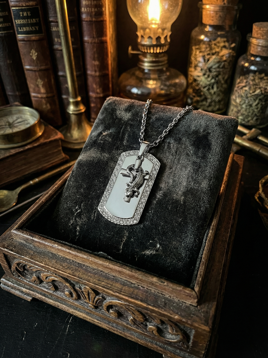 Halskette mit rechteckigem Drachen-Anhänger in Silberoptik auf schwarzem Samtkissen in geschnitzter Holzschale vor Büchern, Lampe und Glasfläschchen.