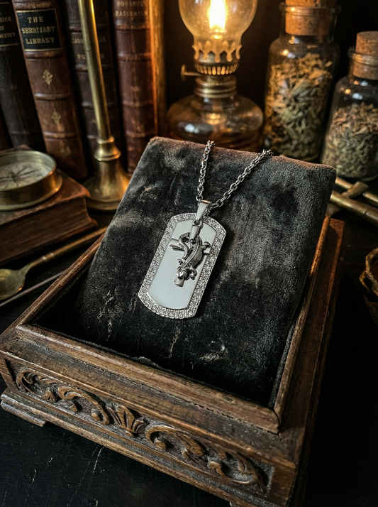 Halskette mit rechteckigem Drachen-Anhänger in Silberoptik auf schwarzem Samtkissen in geschnitzter Holzschale vor Büchern, Lampe und Glasfläschchen.