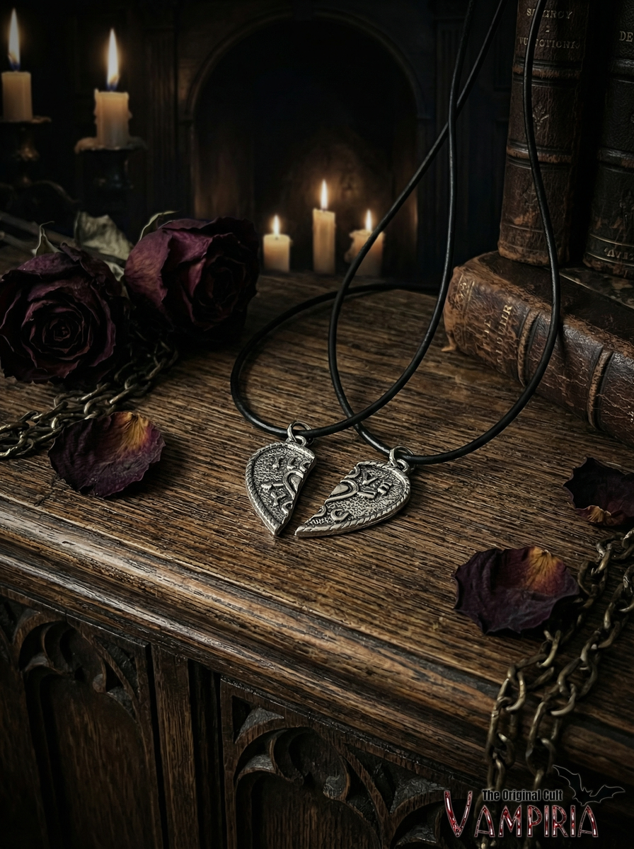 Zwei schwarze Kordelketten mit geteiltem Herzanhänger in Antik-Silberoptik auf Holzoberfläche vor Kerzen, dunklen Rosen, Kette und alten Büchern; unten rechts Schriftzug „Vampiria“.