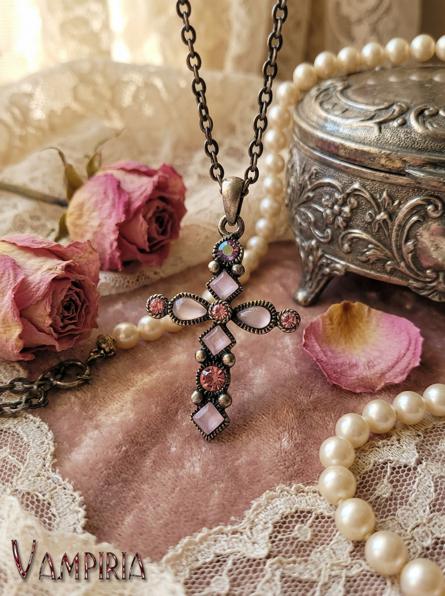 Kreuzkette mit rosa Ziersteinen auf rosafarbenem Samt zwischen Spitze, Perlenkette, getrockneten Rosen und dekorativer Schmuckdose; unten links Schriftzug „Vampiria“.